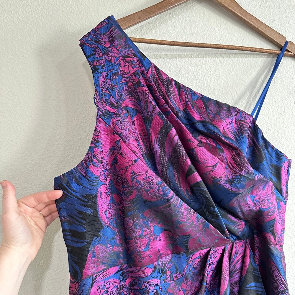 Adrianna Papell Size 20 Blue Pink Brocade Floral Formal Dress One Shoulder - Picture 3 of 13